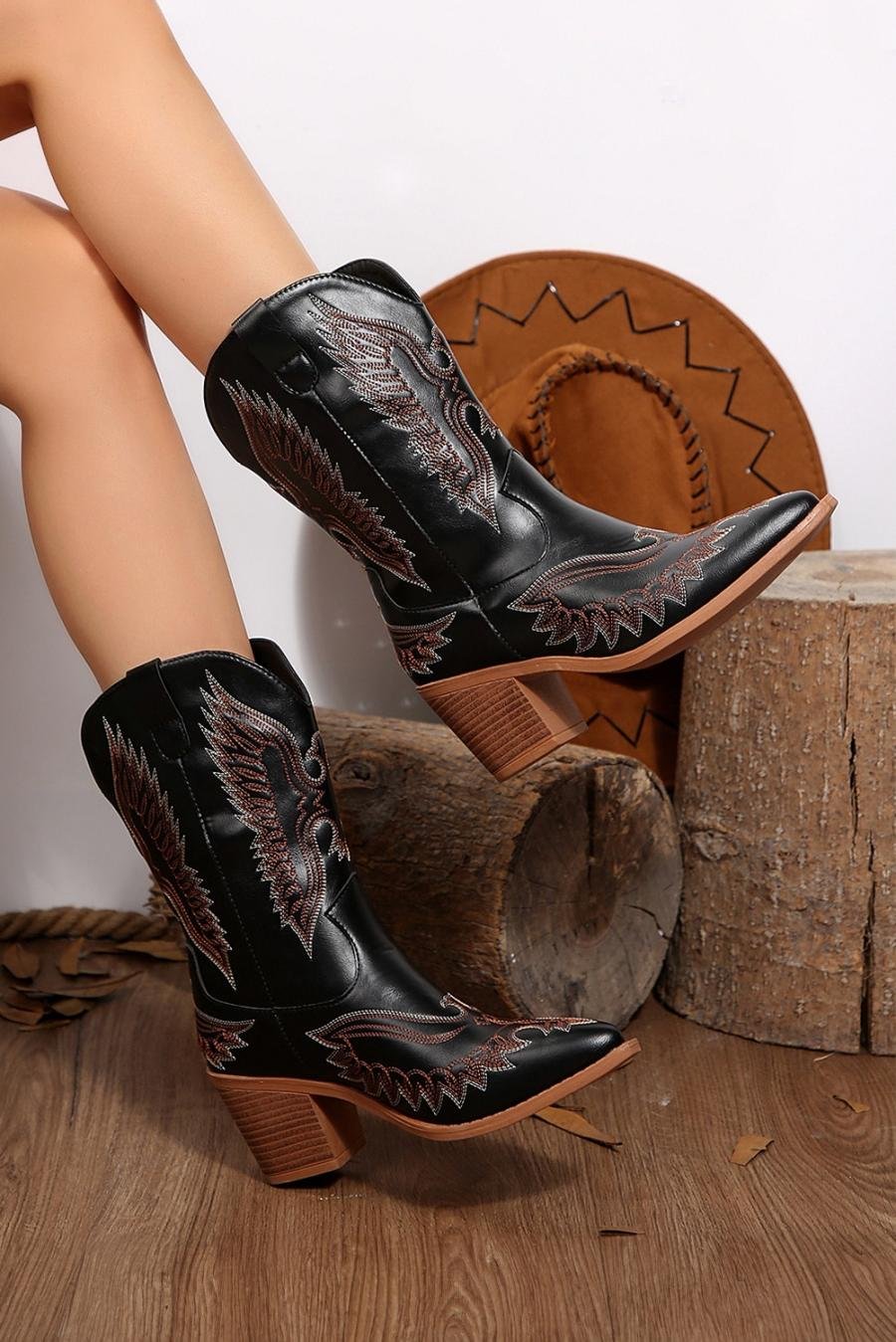 Femme Bottes | Bottes Mi-Mollet à Bout Pointu Et Motif Brodé Noir