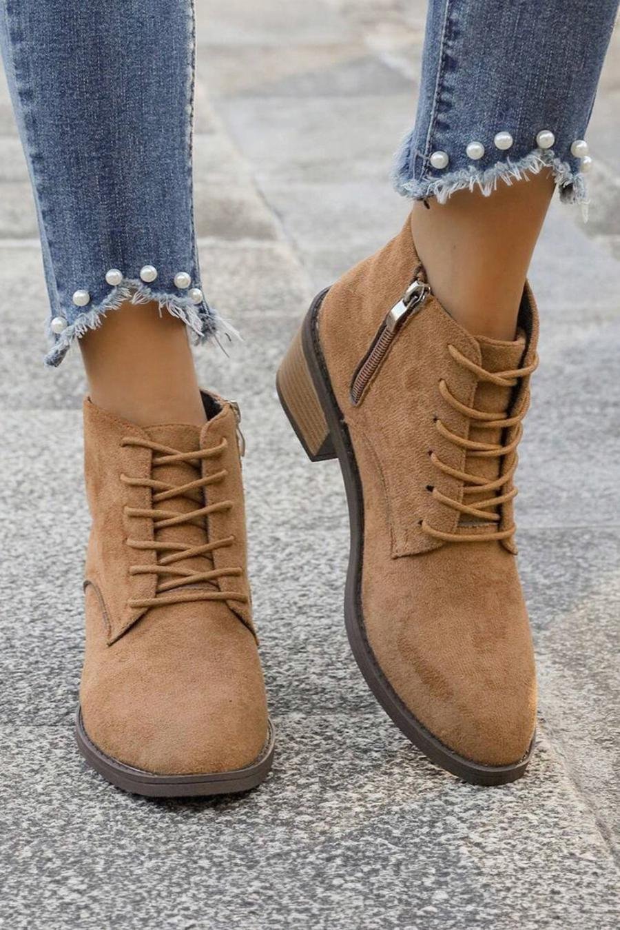 Femme Bottes | Bottines à Lacets Et Fermeture éclair Latérale En Daim Châtain