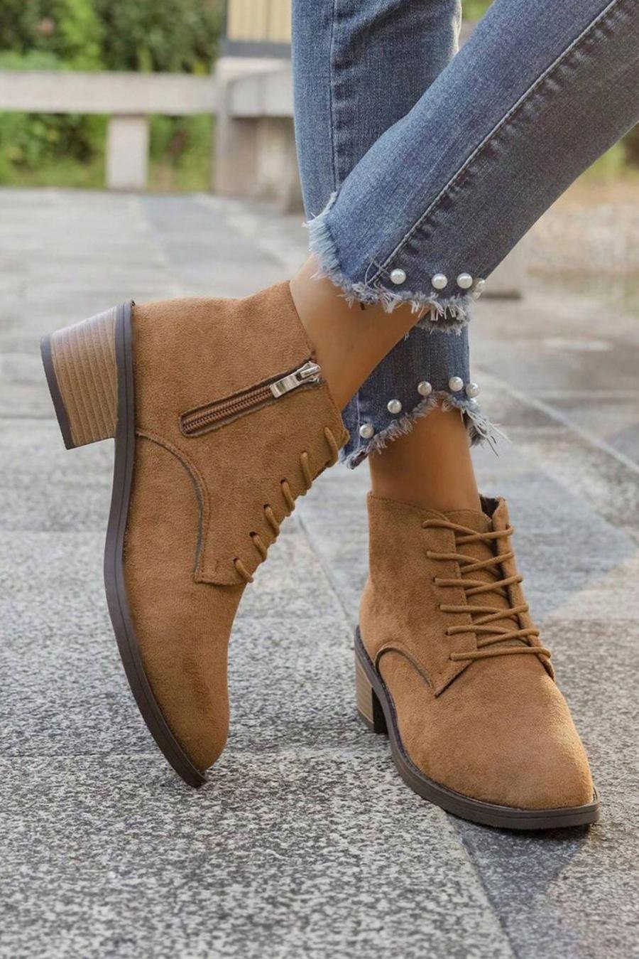 Femme Bottes | Bottines à Lacets Et Fermeture éclair Latérale En Daim Châtain