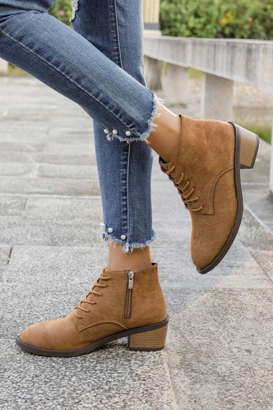 Femme Bottes | Bottines à Lacets Et Fermeture éclair Latérale En Daim Châtain