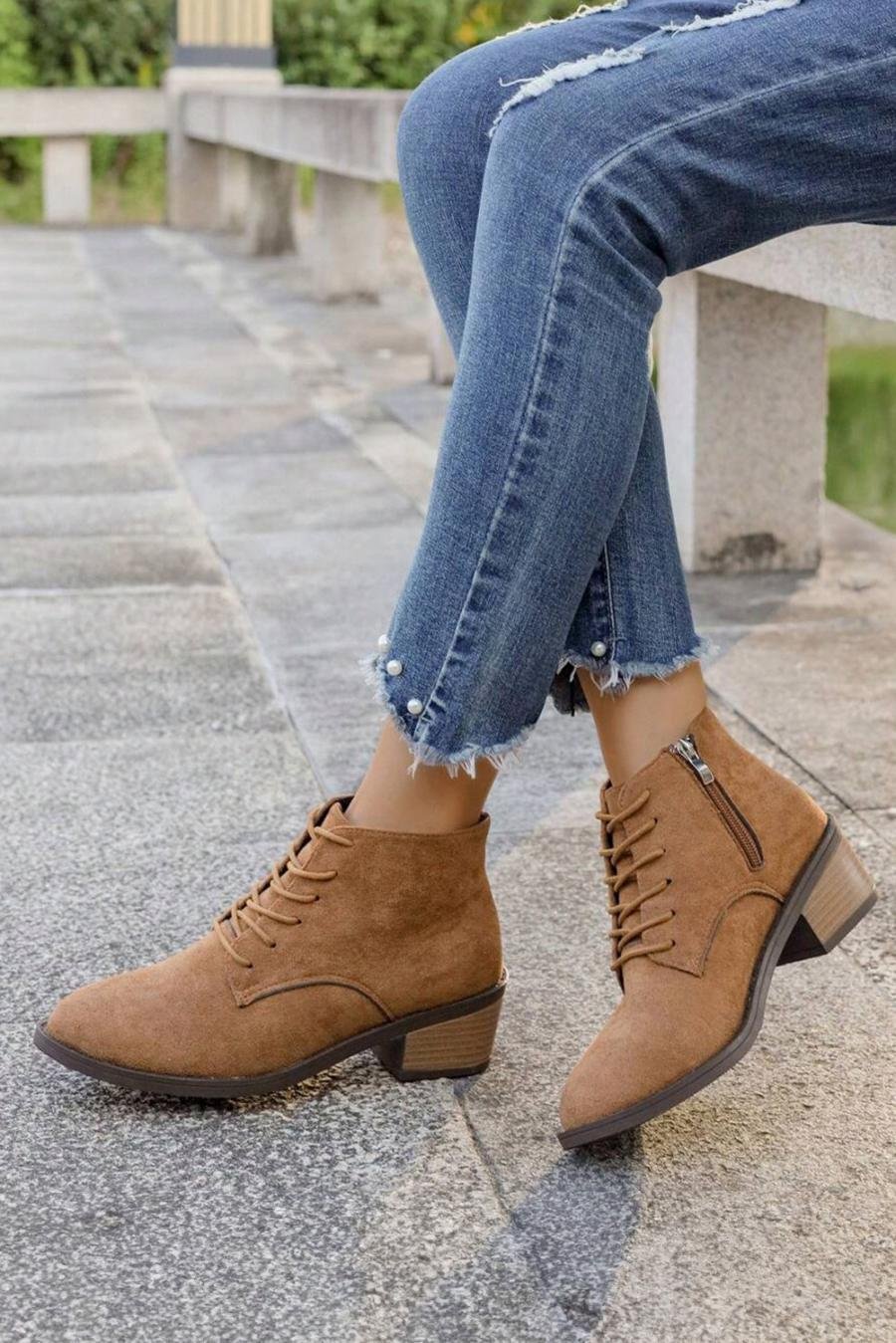 Femme Bottes | Bottines à Lacets Et Fermeture éclair Latérale En Daim Châtain