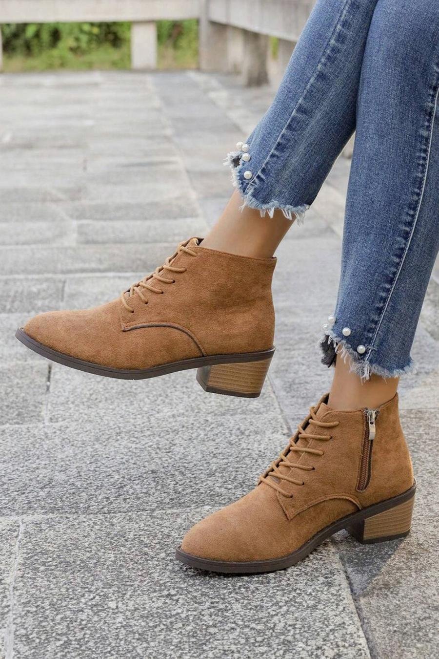 Femme Bottes | Bottines à Lacets Et Fermeture éclair Latérale En Daim Châtain