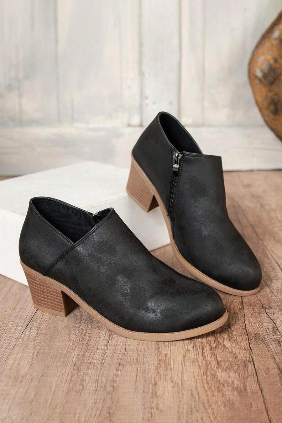 Femme Bottes | Bottines à Talon Carré En Daim Noir