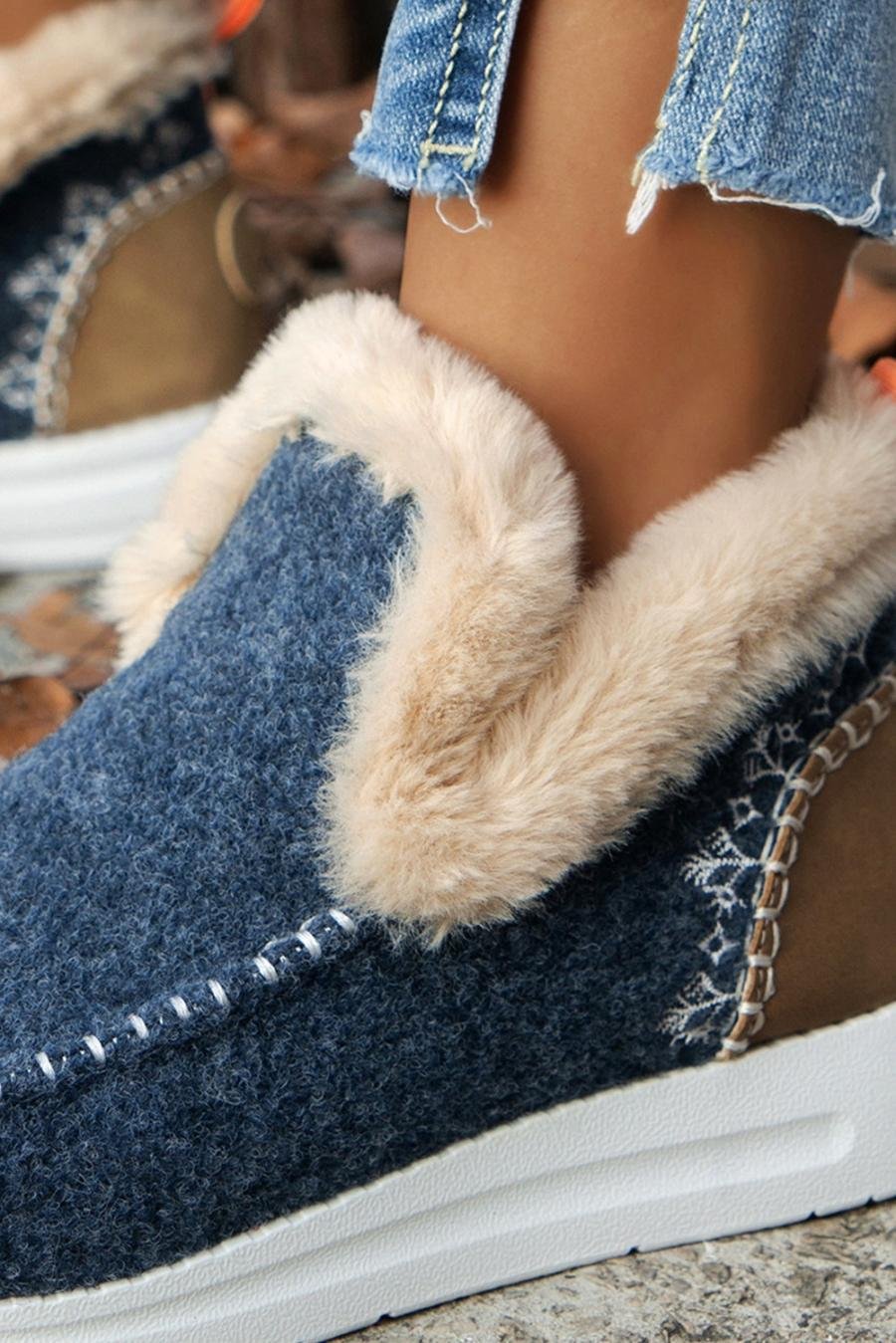 Femme Bottes | Bottines En Daim Bleu Avec Coutures Patchwork Et Doublure En Peluche