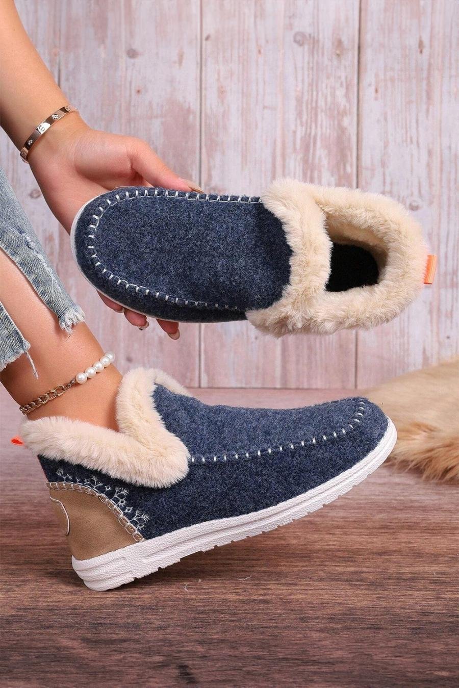 Femme Bottes | Bottines En Daim Bleu Avec Coutures Patchwork Et Doublure En Peluche