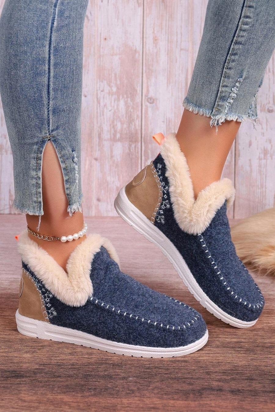 Femme Bottes | Bottines En Daim Bleu Avec Coutures Patchwork Et Doublure En Peluche