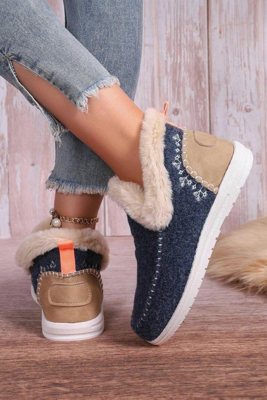 Femme Bottes | Bottines En Daim Bleu Avec Coutures Patchwork Et Doublure En Peluche