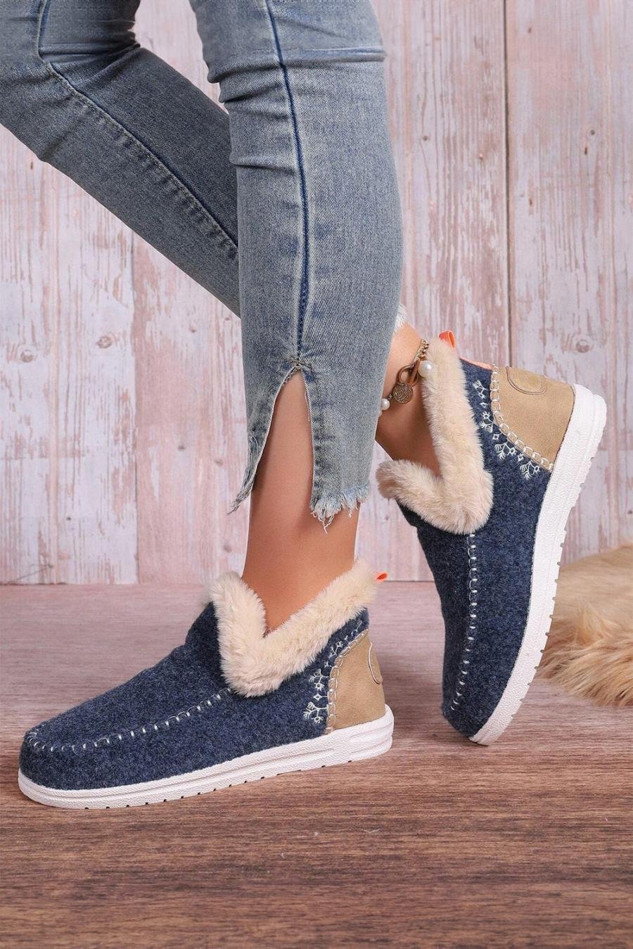 Femme Bottes | Bottines En Daim Bleu Avec Coutures Patchwork Et Doublure En Peluche