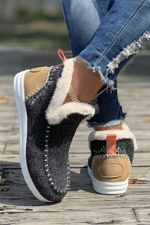 Femme Bottes | Bottines En Daim Gris Carbone Avec Coutures Patchwork Et Doublure En Peluche