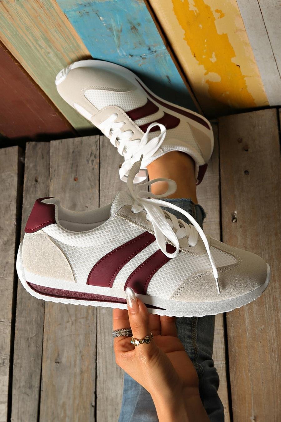 Femme Sneakers | Baskets Blanches à Lacets Respirantes En Patchwork