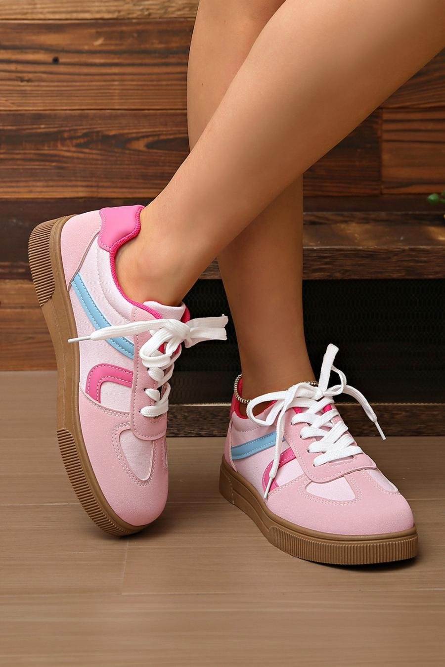 Femme Sneakers | Baskets à Lacets à Blocs De Couleur Rouge Rose