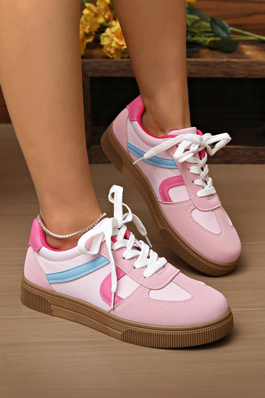 Femme Sneakers | Baskets à Lacets à Blocs De Couleur Rouge Rose