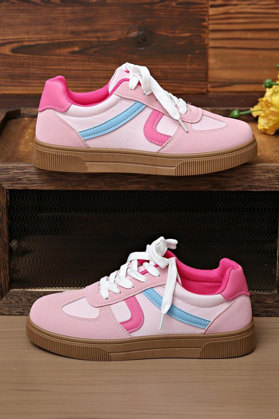 Femme Sneakers | Baskets à Lacets à Blocs De Couleur Rouge Rose
