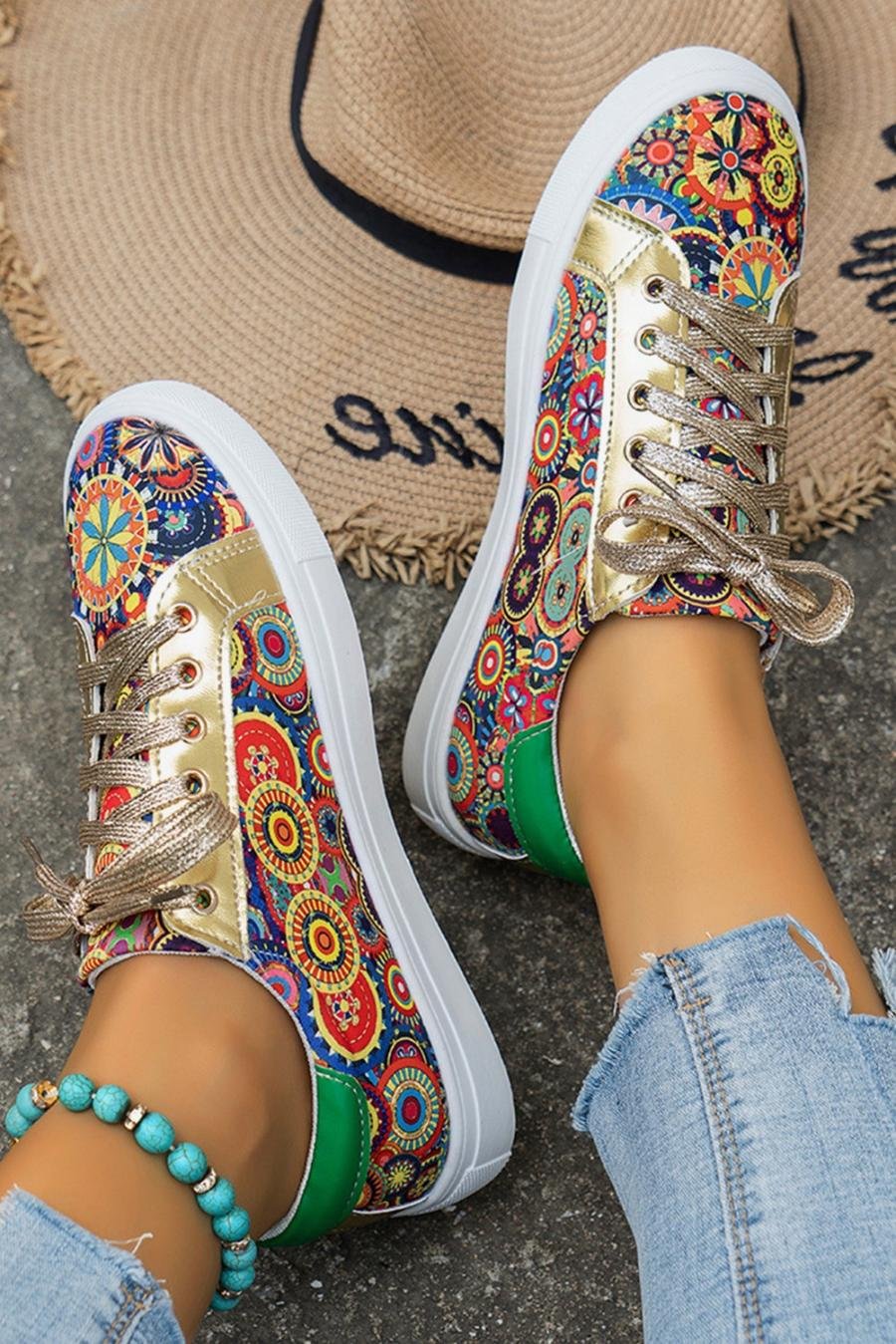 Femme Sneakers | Baskets à Lacets Dorées à Imprimé Ethnique Bohème