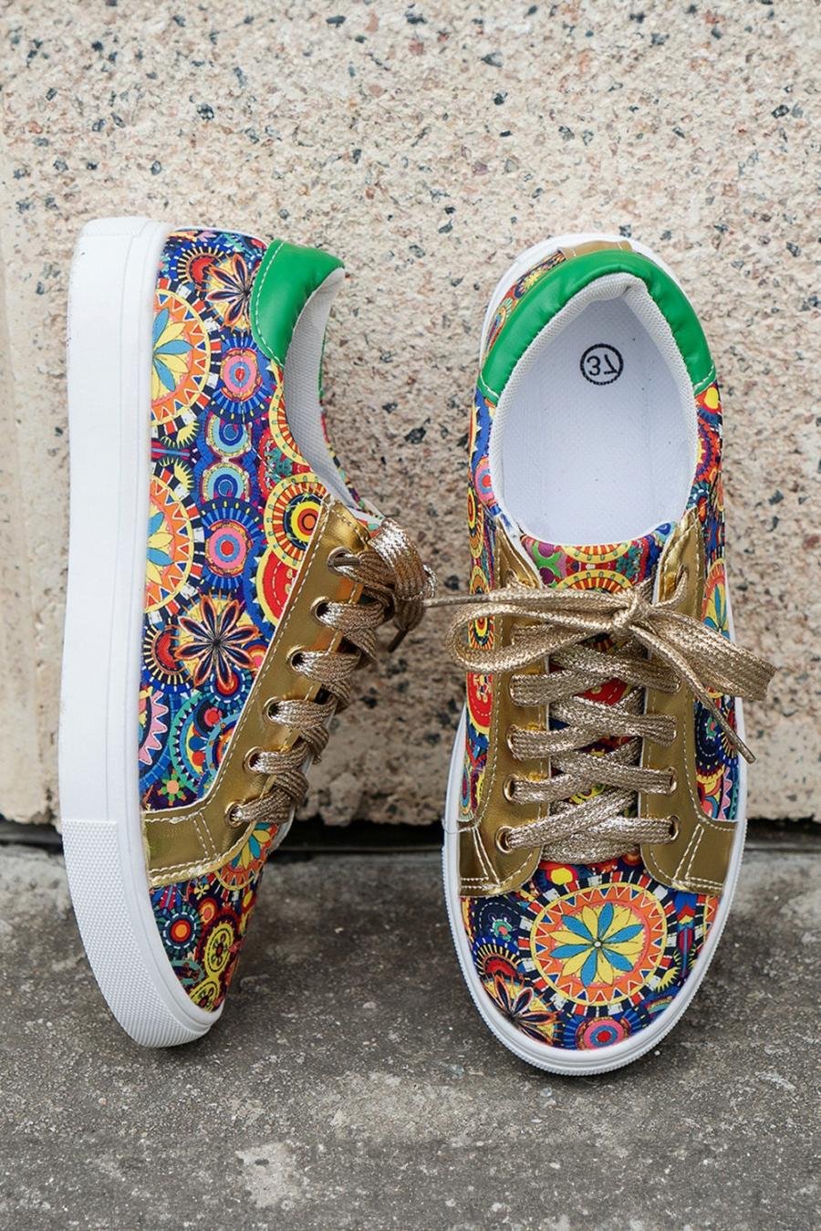 Femme Sneakers | Baskets à Lacets Dorées à Imprimé Ethnique Bohème