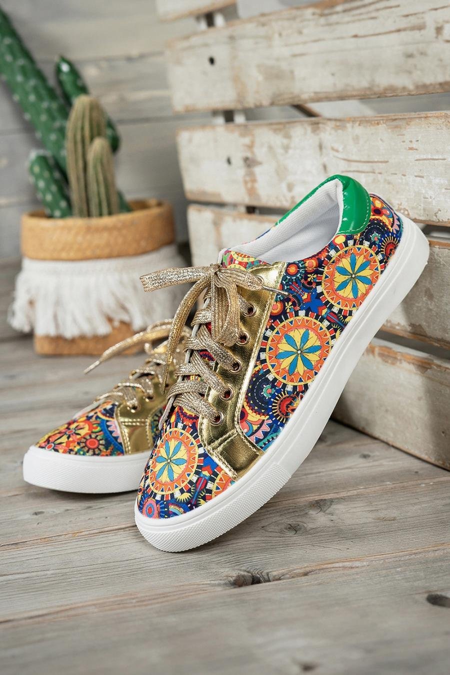 Femme Sneakers | Baskets à Lacets Dorées à Imprimé Ethnique Bohème