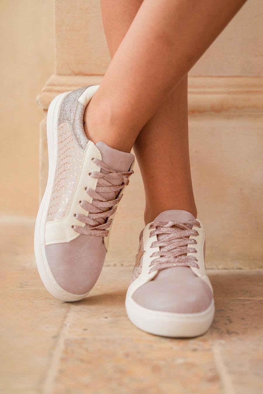 Femme Sneakers | Baskets à Lacets En Cuir Pu Avec Patchwork D'étoiles Pailletées Dorées