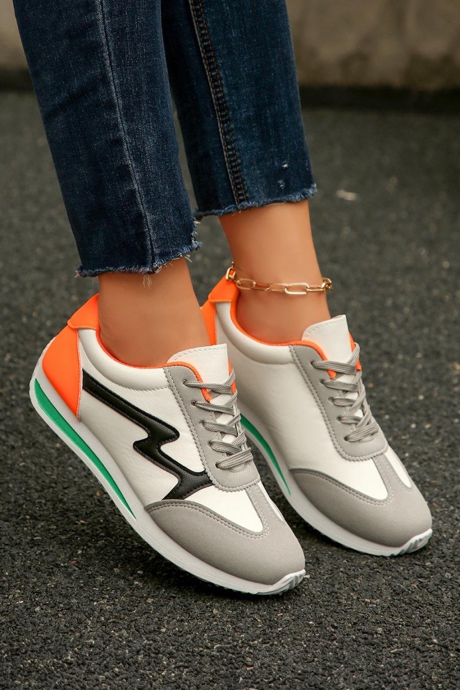 Femme Sneakers | Baskets à Lacets En Cuir Pu Blanc à Blocs De Couleurs Et Patchwork