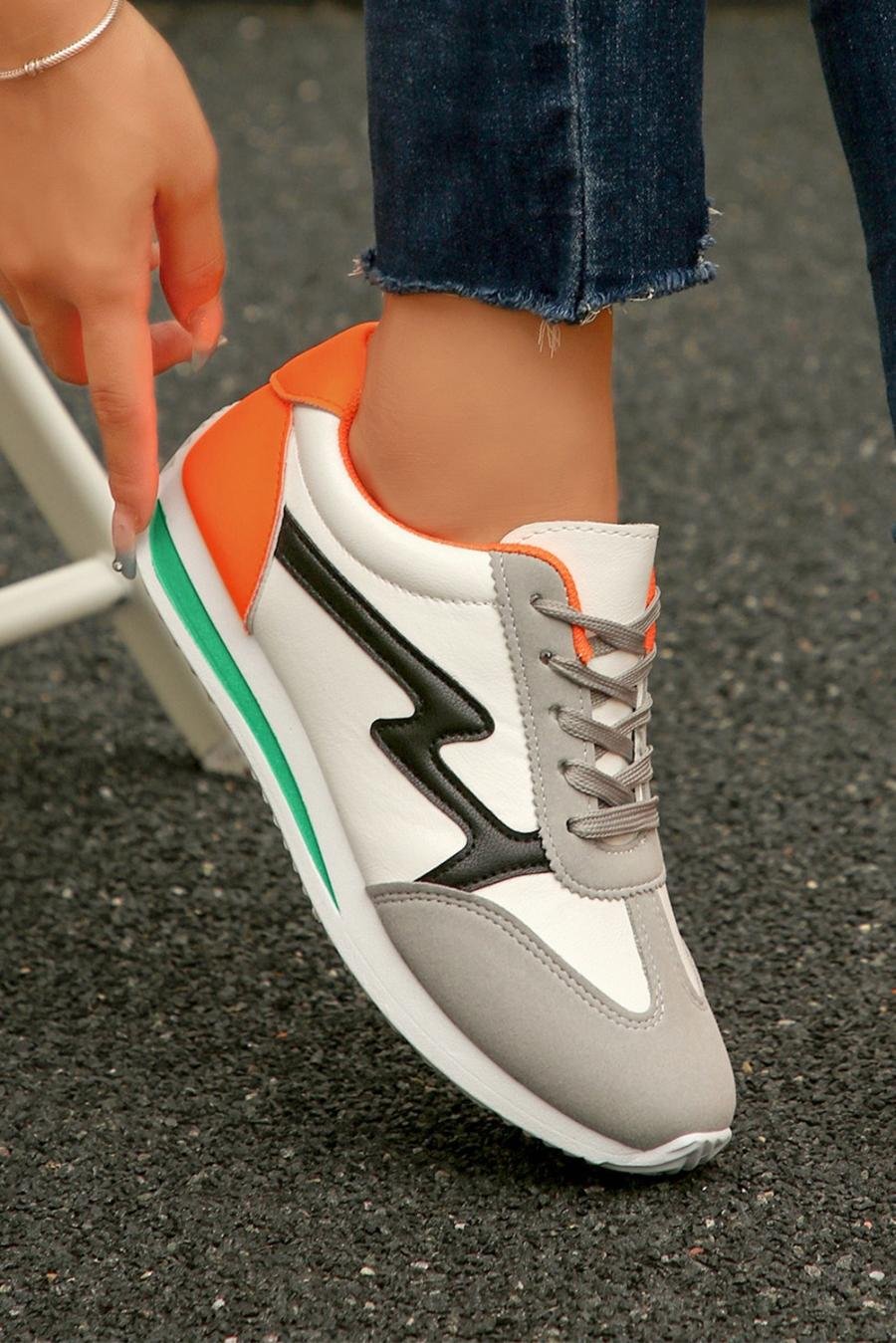 Femme Sneakers | Baskets à Lacets En Cuir Pu Blanc à Blocs De Couleurs Et Patchwork