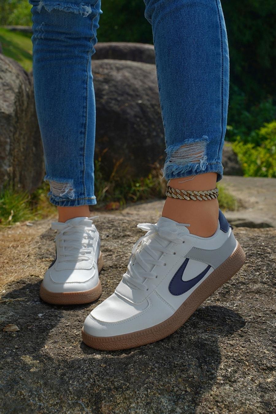 Femme Sneakers | Baskets à Lacets En Cuir Pu Bleu Marine
