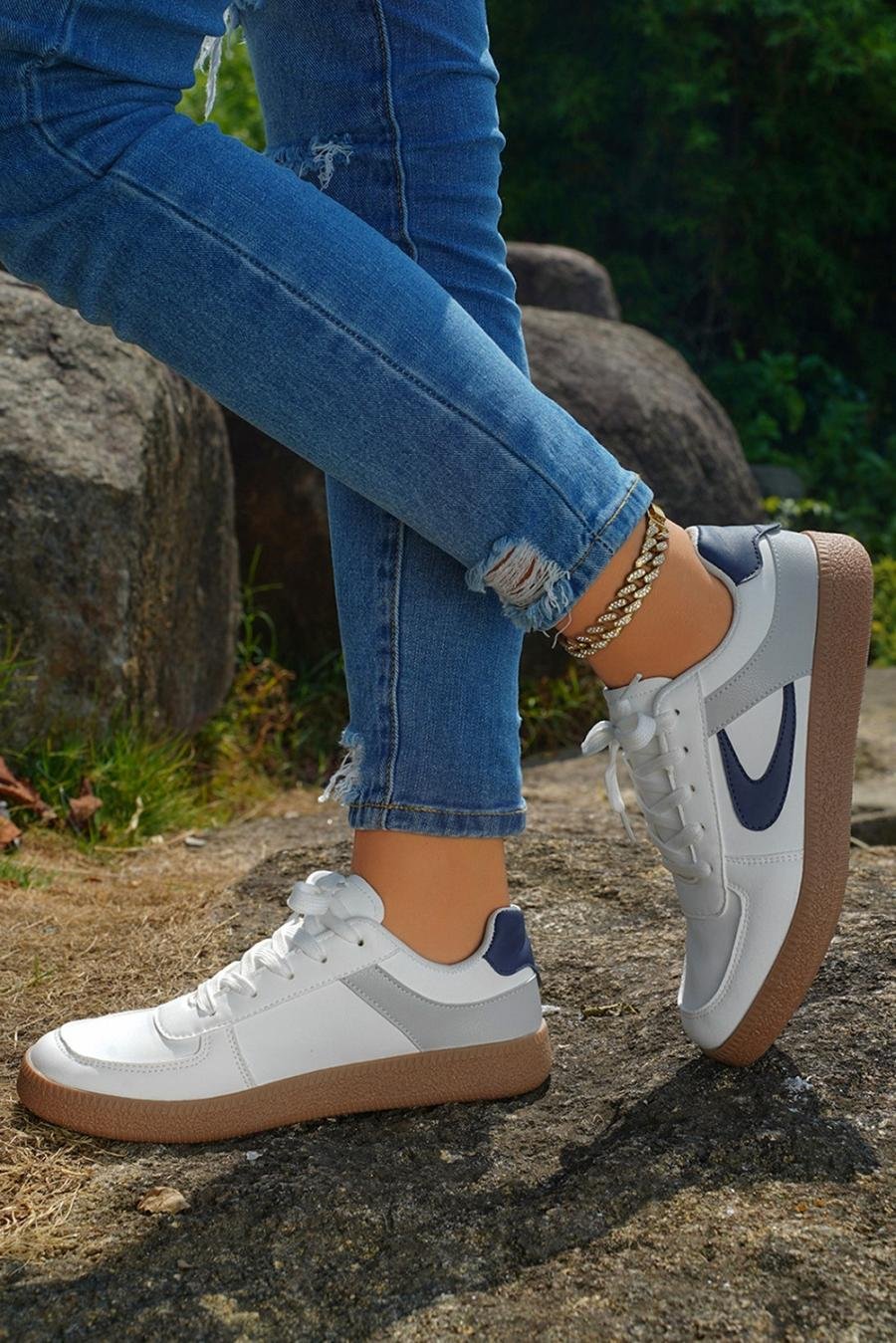 Femme Sneakers | Baskets à Lacets En Cuir Pu Bleu Marine