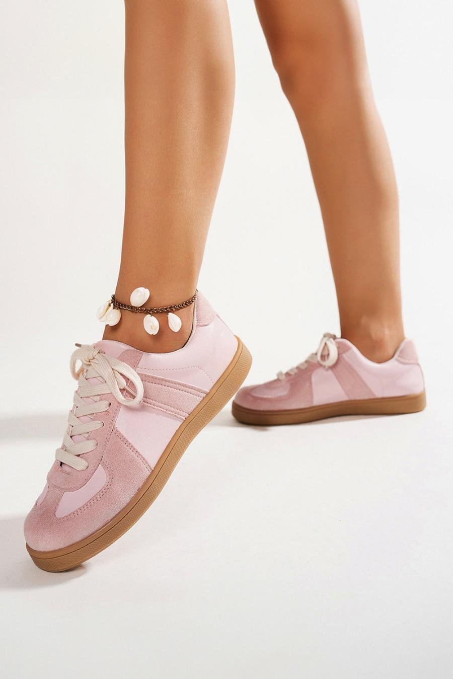 Femme Sneakers | Baskets à Lacets En Daim Rose Bicolore Avec Patchs