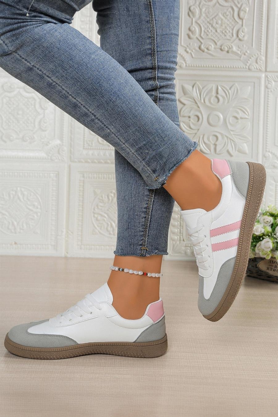 Femme Sneakers | Baskets à Lacets Patchwork à Rayures Roses