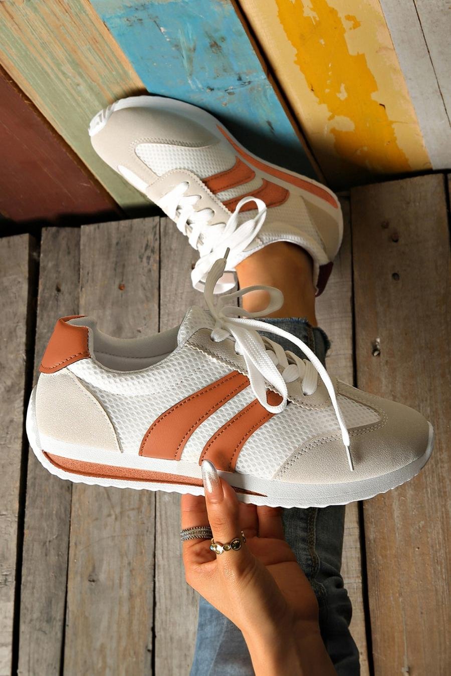 Femme Sneakers | Baskets à Lacets Respirantes Patchwork Jaune