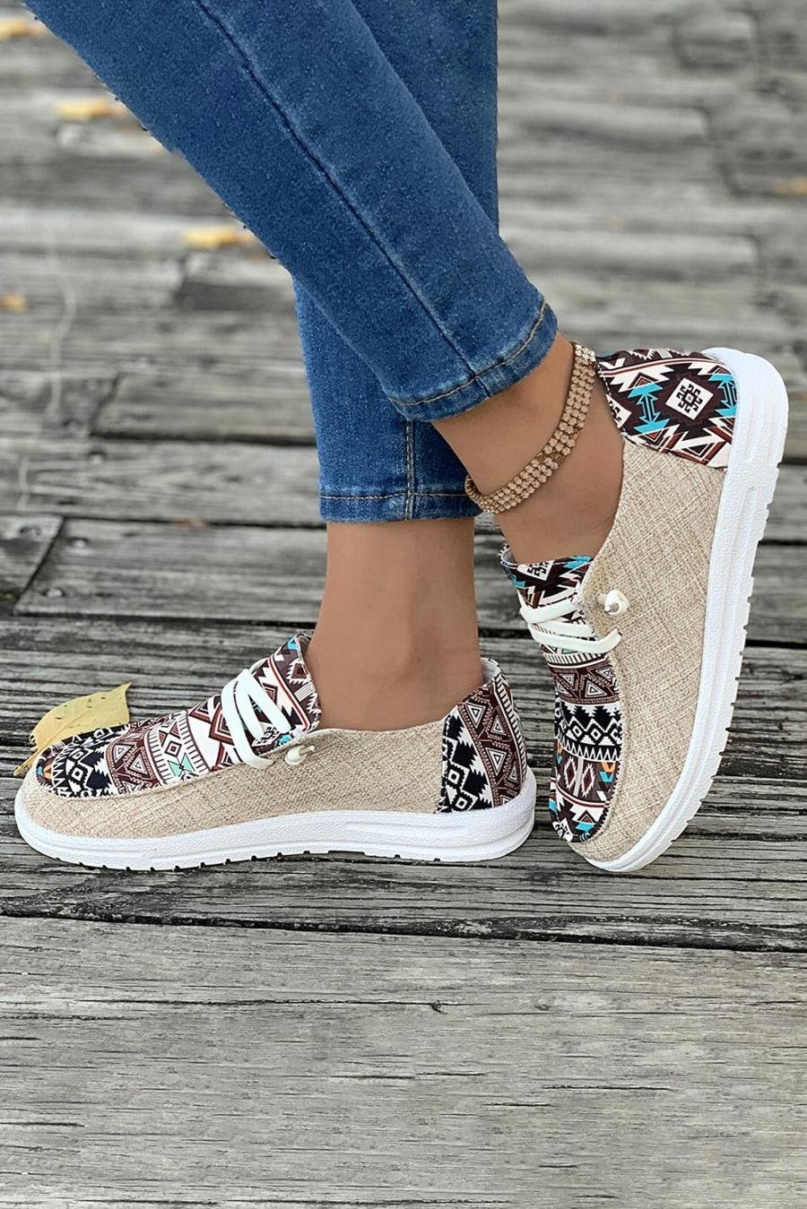 Femme Sneakers | Baskets Patchwork Marron à Imprimé Géométrique