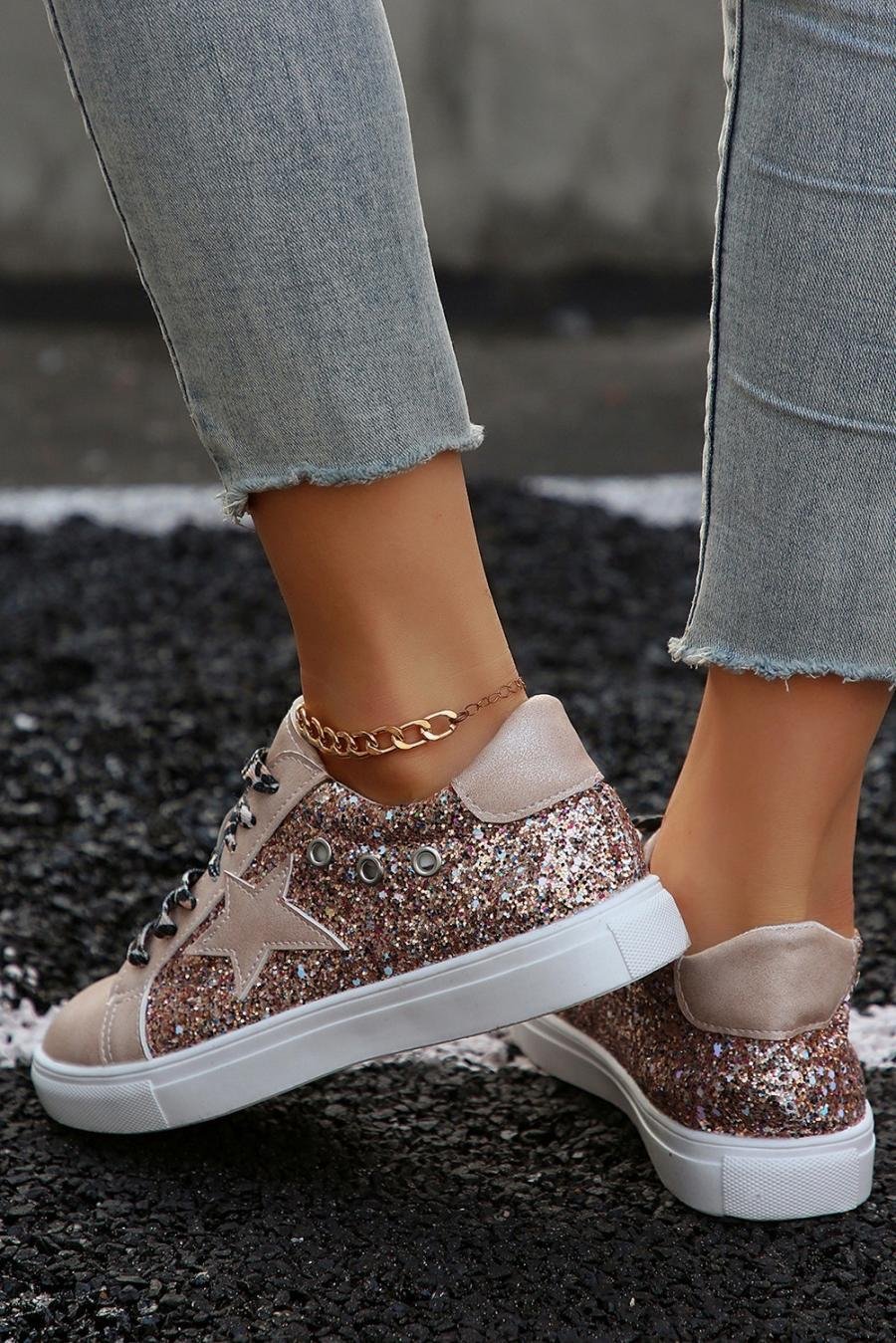 Femme Sneakers | Chaussures à Lacets Léopard Patchwork à Paillettes Dorées