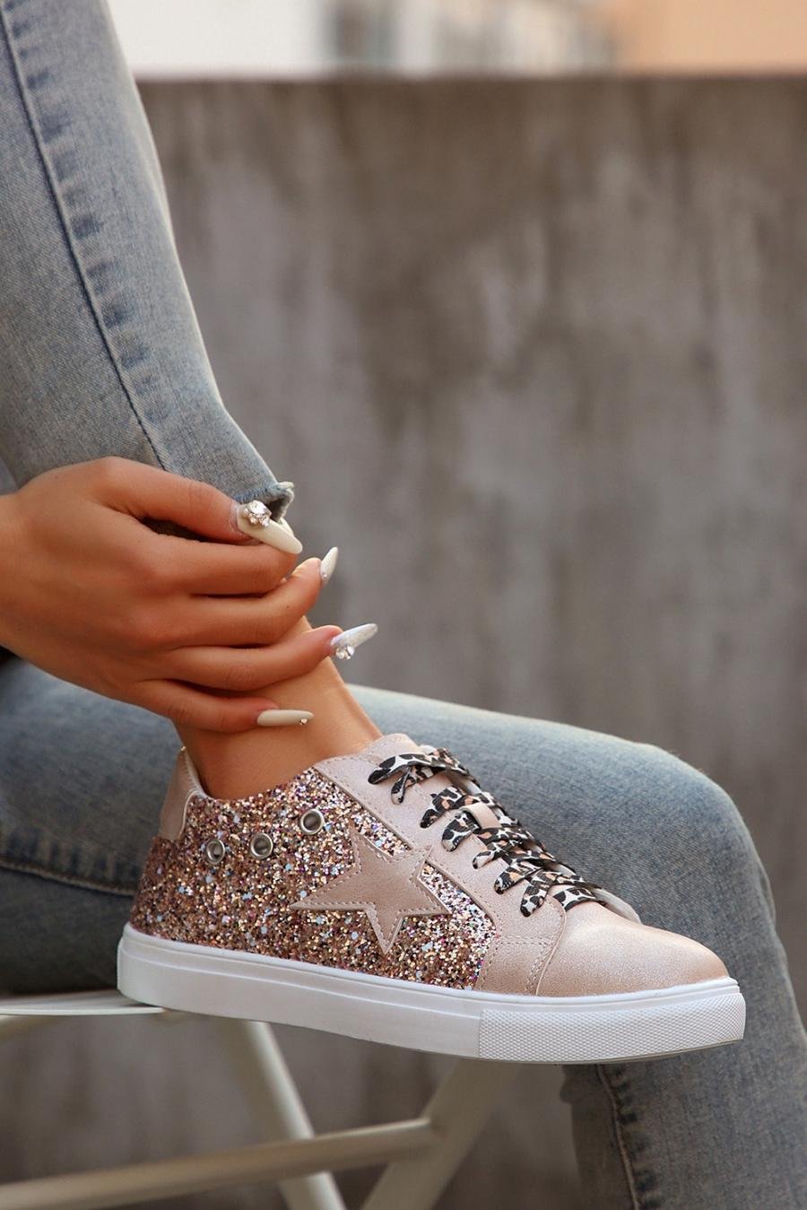 Femme Sneakers | Chaussures à Lacets Léopard Patchwork à Paillettes Dorées