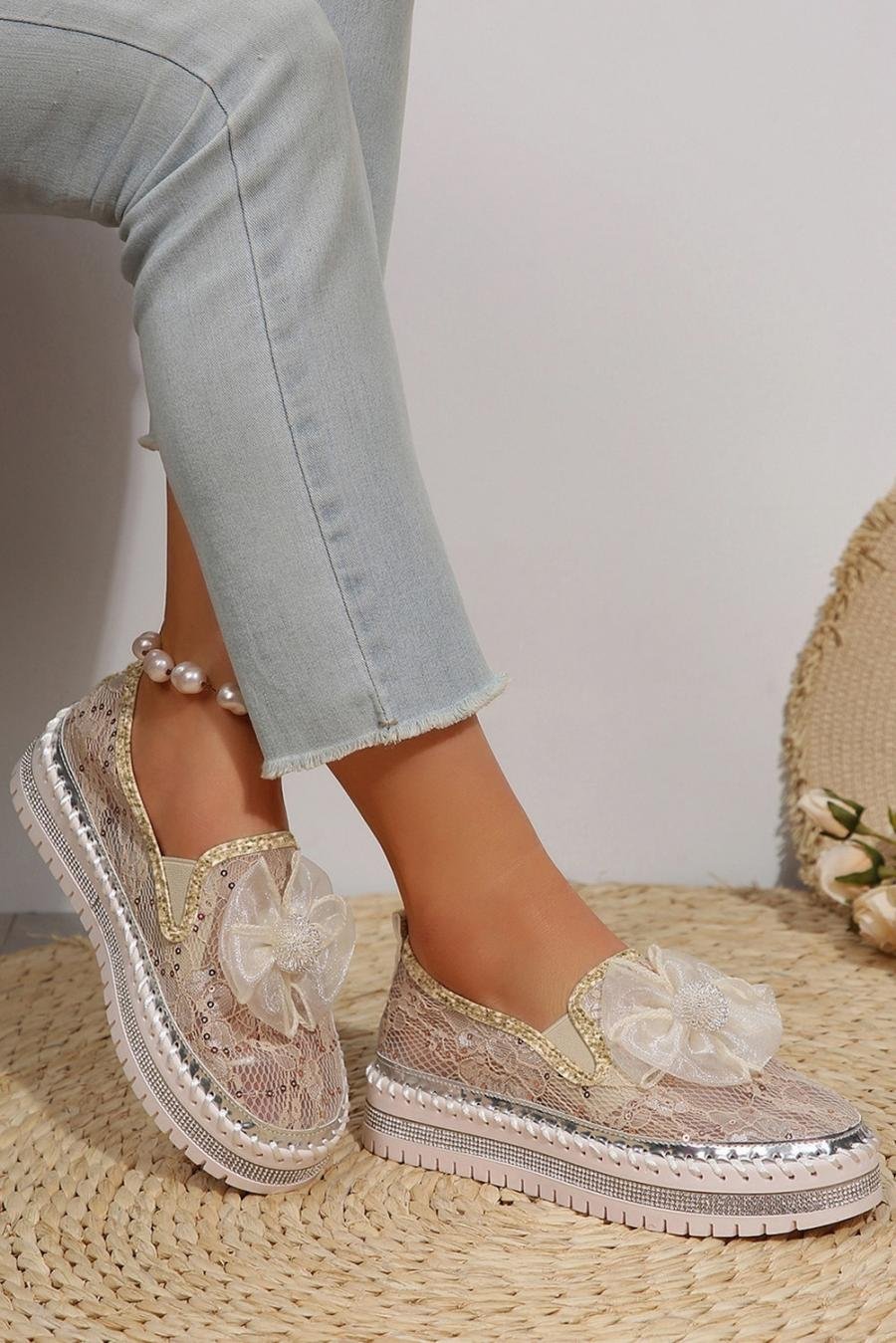 Femme Sneakers | Chaussures Décontractées à Semelle épaisse Et Nœud à Paillettes Blanches